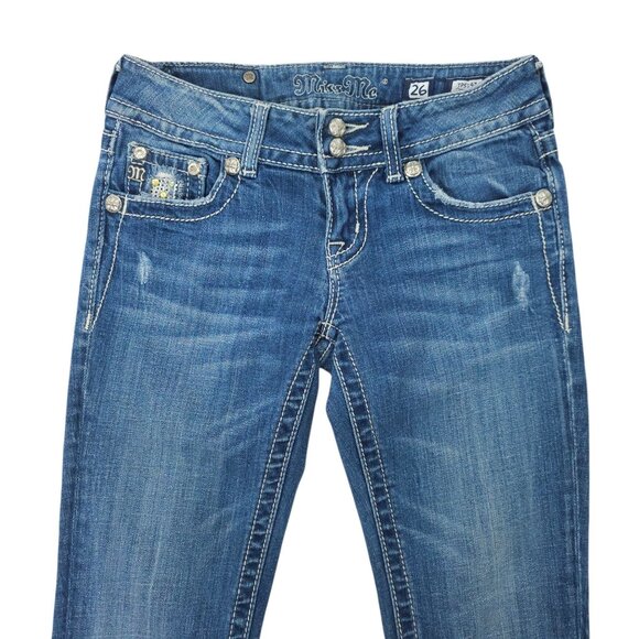 Miss Me Boot Cut Jeans READ Womens 26 Flap Pockets Low Rise Distressed Denim - Picture 12 of 16